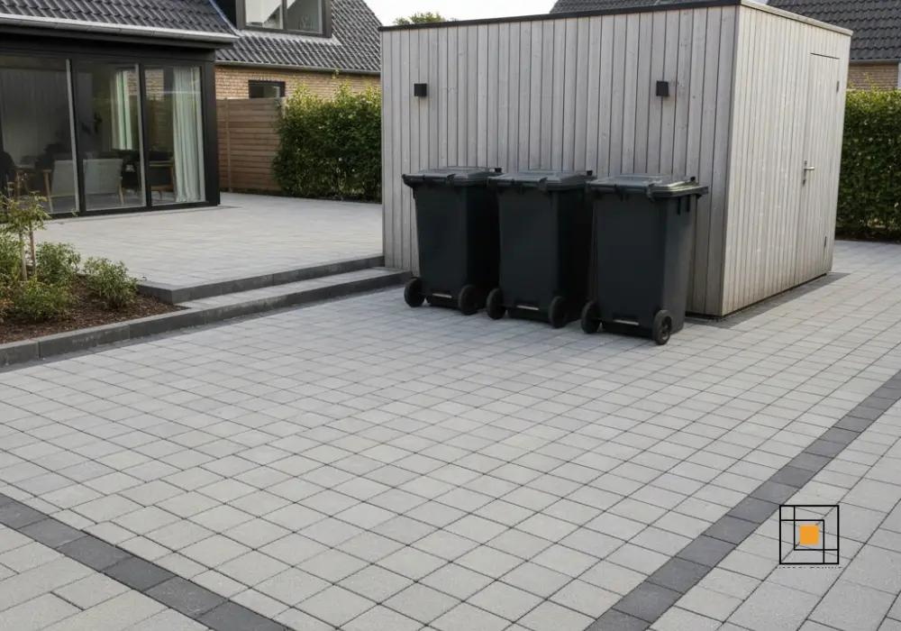 Belægning omkring affaldsområder og skure