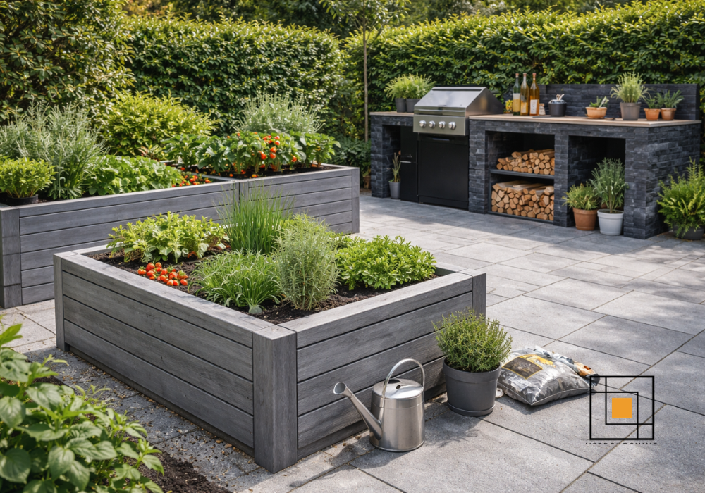 Belægning omkring højbede og udekøkkener