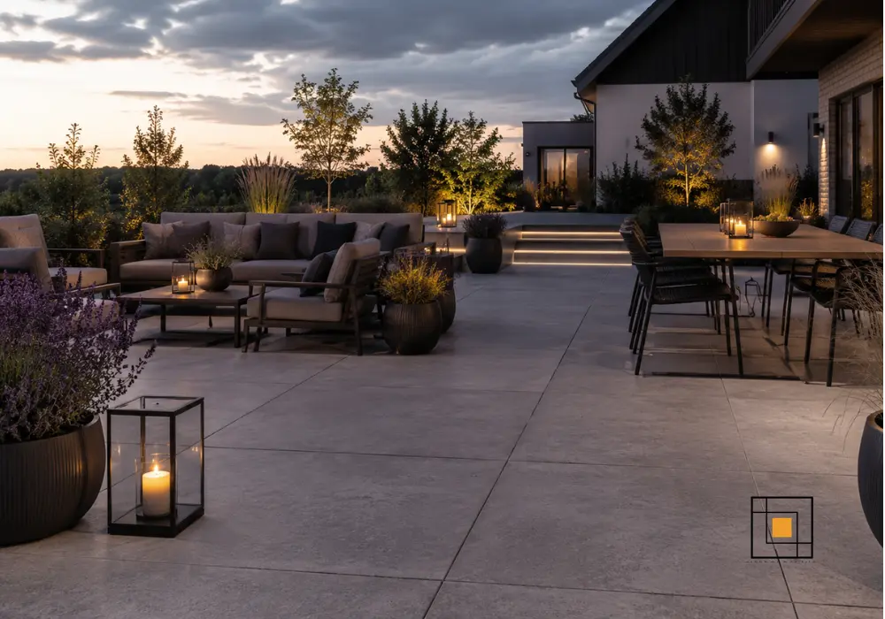fliser og havemøbler, terrasseindretning, havedekoration, moderne terrasse, udendørs fliser, brolægning, haveindretning, terrasse design, belægning i haven, udendørs opholdsområde